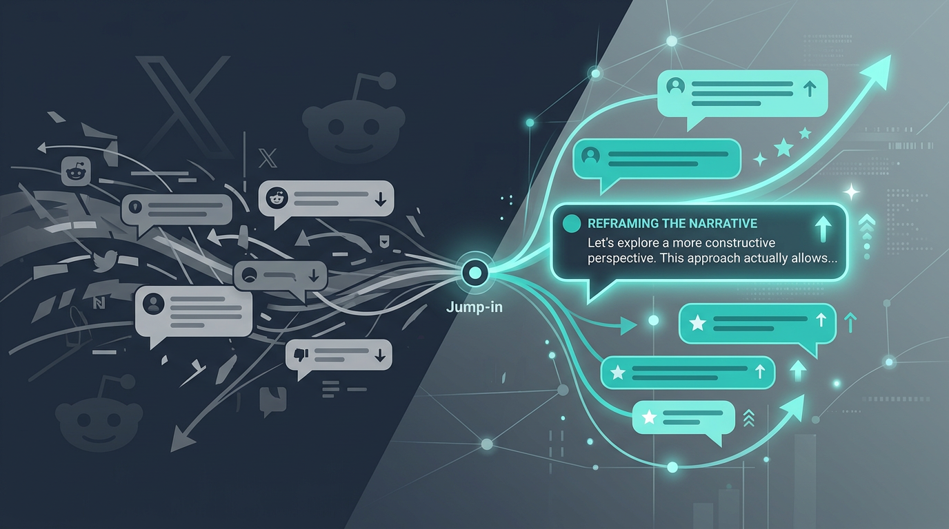 Social conversation threads with a Jump-in reframing the narrative—Reddit, X, and community discussions.